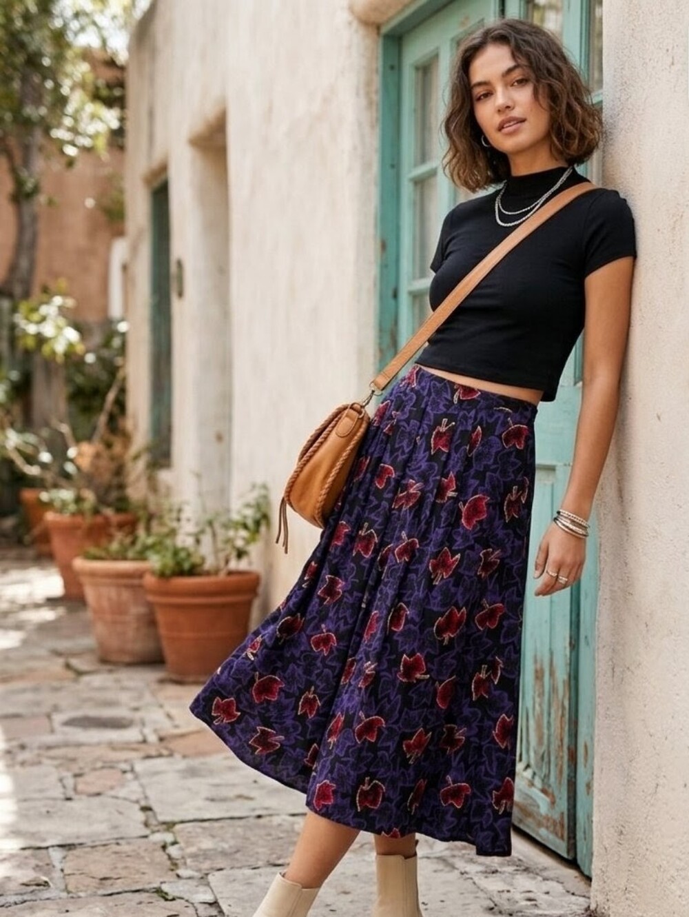 Vintage Greenwich Square Abstract Leaf Midi Skirt - Made in USA